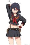  1girl absurdres arm_up black_hair black_sailor_collar blue_eyes blush breasts cowboy_shot dated hair_between_eyes hand_on_own_hip highres kill_la_kill long_sleeves matoi_ryuuko midriff multicolored_hair navel neckerchief one_eye_closed parted_lips pleated_skirt red_hair red_neckerchief sailor_collar school_uniform serafuku short_hair simple_background skirt solo streaked_hair suspenders swirl takatisakana teeth two-tone_hair white_background 