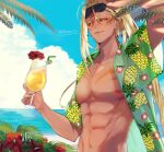  1other absurdres alternate_costume ananas_dragon_cookie artist_name blonde_hair cloud cocktail cocktail_glass commentary cookie_run cup drinking_glass highres humanization long_hair looking_at_viewer male_focus nekoyasiki33 palm_tree pineapple_print smile solo sunglasses tan tree 