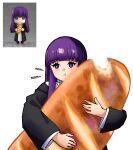  1girl bite_mark bread chewing food frieren highres holding holding_food long_hair long_sleeves looking_at_viewer purple_eyes purple_hair shura_(shura_cs) sousou_no_frieren toy 