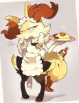  1girl akadako animal_ear_fluff animal_ears animal_feet animal_nose apron averting_eyes back_bow bags_under_eyes black_dress black_fur blush body_fur border bottle bow braixen cherry_tomato clothed_pokemon commentary dress elbow_gloves embarrassed fang flat_chest food fox_ears fox_girl fox_tail frilled_apron frilled_gloves frills full_body furry furry_female gloves grey_background grey_outline half-closed_eyes hands_up heart highres holding holding_food holding_plate ketchup ketchup_bottle looking_to_the_side maid maid_apron maid_headdress multicolored_fur name_tag neck_fur omelet omurice open_mouth pigeon-toed plate pokedex_number pokemon pokemon_(creature) red_eyes short_dress shy simple_background sleeveless sleeveless_dress snout solo squiggle standing tail tomato tongue white_apron white_border white_fur white_gloves yellow_fur 