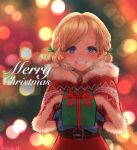  1girl belt blonde_hair blue_eyes blurry blurry_background blush bokeh box braid capelet christmas commentary depth_of_field dress fur-trimmed_capelet fur-trimmed_hood fur_trim gift gift_box grin hair_ribbon highres holding holding_box holding_gift hood hood_down hooded_capelet ilikegoya looking_at_viewer merry_christmas mittens original parted_bangs reaching reaching_towards_viewer ribbon short_hair smile solo straight-on 