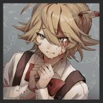  1boy blonde_hair blood blood_in_hair blood_on_face blue_background border bow crying fish_background funamusea green_border messy_hair oounabara_to_wadanohara otoko_no_ko own_hands_together polearm red_bow shirt short_hair solo spear tears teeth tsuribari_(wadanohara) vmein_46 weapon white_shirt yellow_eyes 