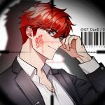  1boy barcode black_jacket blush closed_mouth collared_shirt facepaint grey_eyes gt_dune hand_on_own_face jacket long_sleeves looking_at_viewer male_focus one_eye_closed original red_hair shadow shirt short_hair smile solo suit twitter_username upper_body white_shirt 
