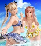  3d ass bangs bikini bikini_skirt bird blonde_hair blue_sky breasts cleavage cloud cloudy_sky dead_or_alive dead_or_alive_xtreme floral_print hair_ornament hair_ribbon highres honoka_(doa) large_breasts marie_rose miniskirt multiple_girls navel official_art outside pink_hair polka_dot polka_dot_bikini polka_dot_swimsuit ribbon side_ponytail skirt sky small_breasts smile splashing stomach swimsuit twintails water 