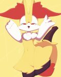  1girl \n/ animal_ear_fluff animal_ears animal_nose black_fur body_fur braixen commentary cowboy_shot cropped_legs fang flat_chest fox_ears fox_girl fox_tail groin half-closed_eyes hands_up happy heart highres looking_at_viewer multicolored_fur navel neck_fur open_mouth pokemon pokemon_(creature) red_eyes sakuyan_(sakuyan1007) skin_fang smile snout solo standing stick stomach tail thick_thighs thighs white_fur wide_hips yellow_background yellow_fur yellow_theme 