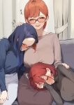  3girls 92m ^_^ black_sweater blue_hair blue_shirt blush breasts brown_shirt closed_eyes commentary_request dateko fingernails glasses hand_on_another&#039;s_head highres kinshi_no_ane large_breasts long_sleeves mature_female mother_and_daughter multiple_girls original pants petting red-framed_eyewear red_hair sanako_(92m) shirt sitting sleeping smile sweater white_pants zzz 