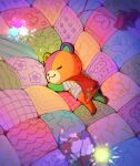  :3 animal_crossing bear candy cape closed_eyes commentary_request food full_body glowing heart jbee_34 konpeitou korean_commentary lying needle on_stomach pawpads quilt red_cape sewing_needle shirt sleeping solo spool stitches_(animal_crossing) striped striped_shirt stuffing t-shirt thread 