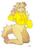 2023 4_toes 5_fingers absurd_res anthro blue_eyes blush bottomless bottomless_anthro bottomless_female breasts brown_body brown_fur brown_hair canid canine canis claws clothed clothing cropped_hoodie cute_fangs digital_media_(artwork) domestic_dog feet female female_anthro finger_claws fingers floppy_ears fluffy fur gesture hair happy hi_res kemono kneeling long_hair looking_at_viewer mammal miri navel open_mouth open_smile pawpads paws pink_nose simple_background smile solo tail toe_claws toes tongue waving waving_at_viewer white_background