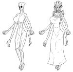 4_arms 4_fingers 5_toes alien armor bare_arms barefoot big_breasts black_eyes breasts clothing dress ethereal_(x-com) featureless_breasts featureless_crotch feet female fingers headgear helmet humanoid line_art methados monochrome mouthless multi_arm multi_limb navel noseless nude robe slim solo toes x-com