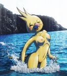  2019 anthro avian beak bird breasts feathers female lilybird navel nipples nude partially_submerged pussy solo water yellow_feathers 