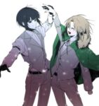  2boys belt black_belt black_eyes black_hair blonde_hair cape closed_eyes closed_mouth facing_another green_cape grey_background grey_pants grey_vest higuchi_maya holding_hands jungbu913 looking_at_another male_focus multiple_boys nakahara_satori no_salvation open_mouth pants shirt simple_background smile vest white_shirt yaoi 