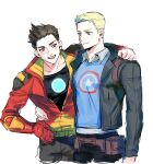  2boys animification arc_reactor arm_armor arm_up armor avengers_academy belt black_shirt blonde_hair blue_eyes blue_pants blush brown_belt brown_eyes brown_hair closed_mouth collarbone collared_jacket collared_shirt commentary_request grey_jacket grey_pants hand_on_another&#039;s_shoulder hand_on_own_hip jacket korean_commentary long_sleeves looking_at_another male_focus marvel multicolored_clothes multicolored_jacket multiple_boys open_clothes open_jacket open_mouth pants pocket red_armor red_jacket rro_hr2 shirt short_hair simple_background smile standing star_(symbol) star_print steve_rogers t-shirt teeth tongue tony_stark two-tone_jacket white_background yellow_jacket 