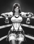  1girl abs boxing_ring elbow_pads final_fantasy final_fantasy_vii fingerless_gloves frown gloves highres long_hair looking_at_viewer muscular muscular_female red_eyes robusta_mania signature skirt solo tank_top thighhighs tifa_lockhart toned 