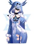  beijiushui blue_bodysuit blue_coat blue_hair bodysuit cicin_mage_(genshin_impact) coat cryo_cicin_mage_(genshin_impact) cryo_symbol_(genshin_impact) delusion_(genshin_impact) diamond_(gemstone) eye_mask fur_trim genshin_impact gloves half_gloves highres short_hair white_background white_gloves 