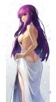  1girl :t absurdres back backless_dress backless_outfit breasts butt_crack dress evening_gown falling_petals fern_(sousou_no_frieren) hair_ornament hangu highres large_breasts long_hair looking_at_viewer looking_back petals pout purple_eyes purple_hair side_slit sideboob solo sousou_no_frieren very_long_hair white_dress 