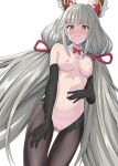  absurdly_long_hair absurdres animal_ears artist_request ass_visible_through_thighs bar_censor blush censored chest_jewel cowboy_shot detached_collar elbow_gloves from_below frontless_outfit gloves hair_ribbon highres long_hair looking_at_viewer meme_attire nia_(blade)_(xenoblade) nia_(xenoblade) pantyhose revealing_clothes reverse_bunnysuit reverse_outfit ribbon twintails very_long_hair white_background xenoblade_chronicles_(series) xenoblade_chronicles_2 yellow_eyes 