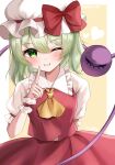  1girl alternate_costume ascot blush border bow commentary_request cosplay cowboy_shot flandre_scarlet flandre_scarlet_(cosplay) frilled_shirt_collar frills green_eyes green_hair hair_between_eyes hat hat_bow heart highres komeiji_koishi lips looking_at_viewer mob_cap naarsann one_eye_closed pointing pointing_up puffy_short_sleeves puffy_sleeves red_bow red_ribbon red_skirt red_vest ribbon ribbon-trimmed_headwear ribbon-trimmed_sleeves ribbon_trim shirt short_hair short_sleeves simple_background skirt smile solo teeth third_eye touhou twitter_username vest white_border white_headwear white_shirt white_wrist_cuffs wrist_cuffs yellow_ascot yellow_background 