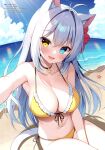  1girl :d absurdres aina_rive animal_ear_fluff animal_ears antenna_hair armpits bare_arms bare_shoulders beach between_legs bikini black_choker blue_eyes blue_sky breasts cat_ears cat_girl cat_tail choker cleavage cloud collarbone day extra_ears flower frilled_bikini frills front-tie_bikini_top front-tie_top grey_hair hair_between_eyes hair_flower hair_intakes hair_ornament halterneck hand_between_legs heterochromia hibiscus highres horizon large_breasts long_hair looking_at_viewer mauve navel ocean original outdoors outstretched_arm red_flower sand side-tie_bikini_bottom sitting sky smile solo starfish strap_gap string_bikini sunlight swimsuit tail translation_request very_long_hair water yellow_bikini yellow_eyes 