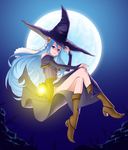  alternate_costume aqua_(fire_emblem_if) blue_eyes blue_hair boots dress fire_emblem fire_emblem_if hair_between_eyes hat highres lantern long_hair moon night night_sky sky solo tuqi_pix very_long_hair witch_hat 