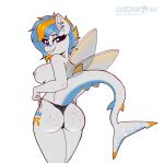 2023 absurd_res anthro areola big_breasts black_clothing black_thong black_underwear blue_hair breasts butt clothed clothing cutie_mark dandy_(artist) ear_piercing ear_ring equid equine eyebrows eyelashes fan_character female fish grey_body gulfstream_(ardee) hair hasbro hi_res horse hybrid inner_ear_fluff looking_at_viewer looking_back looking_back_at_viewer mammal marine my_little_pony nipples orange_hair panties piercing pony purple_eyes ring_piercing shark short_hair side-tie_panties side_boob smile solo thong topless tuft underwear wings