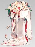  1girl animal_ears apple arched_back bangs_pinned_back bouquet bow closed_eyes eyeshadow falling_petals flower food from_behind fruit grey_background grey_sash hair_bow holding holding_food holding_fruit horns japanese_clothes kerberos_blade kimono leaf long_hair makeup natsumika obi official_art oversized_flower petals red_bow red_eyeshadow sash shiromuku sidelocks simple_background snowflake_print standing uchikake very_long_hair white_flower white_hair white_kimono wide_sleeves 