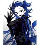  1girl absurdres animal_ears black_eyes black_jacket blue_hair blue_pupils dog_ears dog_girl dog_tail hand_up highres jacket long_hair long_sleeves looking_at_viewer open_mouth original remsrar simple_background smile solo tail upper_body very_long_hair white_background 