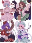  4girls :o absurdres arm_cannon autumn_leaves back_bow bat_wings bird_wings black_bow black_bowtie black_skirt black_wings blue_cape blue_hair blue_headwear blue_kimono blue_sleeves bow bowtie branch brown_eyes brown_hair buttons cape center_frills cherry_blossoms collar collared_shirt commentary_request cowboy_shot derivative_work flower frilled_hat frilled_kimono frilled_shirt frilled_shirt_collar frilled_skirt frilled_sleeves frilled_wrist_cuffs frills ghost green_bow green_skirt hair_bow hair_ornament hand_on_own_chest hat hat_ribbon high_collar highres japanese_clothes kimono layered_sleeves leaf_hair_ornament long_hair long_skirt long_sleeves looking_at_viewer magic medium_hair miniskirt mirror mob_cap mugi_(mugimugi_9kv) multiple_girls obi open_mouth parted_lips pink_eyes pink_flower pink_hair pink_headwear pink_shirt pink_skirt pink_sleeves pleated_skirt pointing pointing_up puffy_long_sleeves puffy_short_sleeves puffy_sleeves purple_bow purple_hair purple_sash red_bow red_eyes red_ribbon red_shirt red_sleeves red_wrist_cuffs reiuji_utsuho remilia_scarlet ribbon ribbon-trimmed_headwear ribbon-trimmed_shirt ribbon_trim rope saigyouji_yuyuko sash shide shimenawa shirt short_hair short_over_long_sleeves short_sleeves simple_background single_wrist_cuff sitting skirt skirt_set sleeve_garter smile spiral_print stage_connection starry_sky_print sun third_eye_on_chest touhou triangular_headpiece two-sided_cape two-sided_fabric weapon white_background white_cape white_collar white_shirt white_sleeves wide_sleeves wings wrist_cuffs yasaka_kanako 