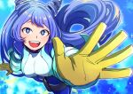  1girl :d blue_bodysuit blue_eyes blue_hair bodysuit boku_no_hero_academia drill_hair gloves hadou_nejire hair_horns highres long_hair looking_at_viewer multicolored_bodysuit multicolored_clothes nishino_(fetv8484) open_mouth smile solo twin_drills white_bodysuit yellow_gloves 