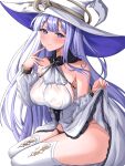  1girl absurdres azur_lane bare_shoulders breasts crescent crescent_hat_ornament detached_sleeves dress earrings guichen_(azur_lane) hat hat_ornament highres jewelry kuon_(kuon) large_breasts large_hat long_hair looking_at_viewer mole mole_under_mouth purple_eyes purple_hair simple_background sitting solo thighhighs very_long_hair white_background white_dress white_headwear white_theme white_thighhighs witch_hat 