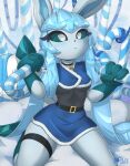 anthro biped blue_body candy candy_cane clothed clothing dessert eeveelution female food generation_4_pokemon glaceon hi_res holding_object kneeling nintendo pokemon pokemon_(species) pupils rilex_lenov solo wide_hips