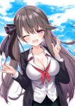  1girl azur_lane bow breasts brown_hair cleavage collared_shirt fang hair_bow hands_up highres jacket large_breasts long_hair neckerchief one_eye_closed open_mouth pamiat_merkuria_(azur_lane) partially_unbuttoned shirt side_ponytail skin_fang sky smile smug wanko_meria 