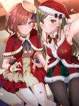  2girls :o absurdres arm_up armpits averting_eyes black_pantyhose breasts brown_hair capelet confetti detached_collar dress feet_out_of_frame fur-trimmed_shirt fur-trimmed_skirt fur_trim green_hair hat highres higuchi_madoka idolmaster idolmaster_shiny_colors indoors long_hair looking_at_viewer medium_breasts mini_hat mole mole_under_eye multiple_girls nanakusa_hazuki pantyhose red_capelet santa_costume santa_hat selfie shirt short_hair sitting skirt sleeveless sleeveless_dress small_breasts sweatdrop swept_bangs very_long_hair yzk_knmn 