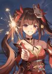  1girl absurdres bare_shoulders breasts brown_hair choker cleavage detached_sleeves dress fireworks fox_mask highres honkai:_star_rail honkai_(series) k2_(kazu1030) long_hair looking_at_viewer mask mask_on_head night outdoors red_dress smile solo sparkle_(honkai:_star_rail) twintails upper_body very_long_hair 