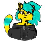 blue_body blue_fur blue_hair brown_ears brown_eyes clothing domestic_cat felid feline felis fluffy fluffy_ears fluffy_hair fur grey_clothing hair hoodie male male/male mammal solo spyno spyno_(spyno) topwear user_avatar yellow_body yellow_fur