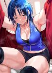  1girl armpits bike_shorts blue_hair blush breasts chicke_iii cleavage green_eyes highres indoors large_breasts looking_at_viewer medium_hair muscular muscular_female original paid_reward_available partially_unzipped sitting smile solo steaming_body sweat textless_version tongue tongue_out zipper_pull_tab 