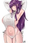  1girl :t areola_slip armpits arms_up artist_logo breasts closed_mouth detached_sleeves fern_(sousou_no_frieren) garter_straps highres huge_breasts long_hair looking_at_viewer meme_attire navel panties pout purple_eyes purple_hair side-tie_panties simple_background solo sousou_no_frieren stomach syyn_(syyndev) underwear very_long_hair virgin_destroyer_sweater virgin_killer_sweater white_background white_garter_straps white_panties 