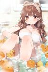  1girl bathing bathroom bathtub blush breasts brown_eyes brown_hair cleavage closed_mouth collarbone comiket_103 commentary_request food fruit highres indoors knees_up large_breasts long_hair looking_at_viewer mandarin_orange naked_towel original partially_submerged rubber_duck sakura_yuki_(clochette) solo steam towel water wavy_hair wet 