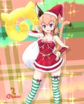  1girl animal_ears bare_shoulders blue_eyes caracal_(kemono_friends) cat_ears cat_girl cat_tail christmas christmas_present dress elbow_gloves extra_ears gift gloves hat highres japari_symbol kemono_friends kemono_friends_v_project kneehighs long_hair looking_at_viewer microphone nokemono-san_(bocchi_friend) orange_hair ribbon santa_costume santa_dress santa_hat simple_background sleeveless socks solo tail virtual_youtuber 