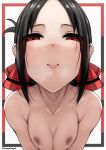  1girl absurdres artist_name black_border black_hair border closed_mouth collarbone completely_nude highres kaguya-sama_wa_kokurasetai_~tensai-tachi_no_renai_zunousen~ looking_at_viewer nipples nude parted_bangs red_border red_eyes shinomiya_kaguya shiny_skin smile solo tomodachi_(tomofanart) white_background 