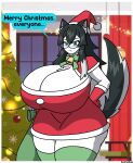 anthro big_breasts breasts canid canine canis christmas christmas_clothing christmas_headwear cleavage clothed clothing curvy_figure english_text eyewear female glasses hand_on_hip hat headgear headwear hi_res holiday_message holidays hourglass_figure huge_breasts mammal ms_kurone santa_dress santa_hat solo text thebunnypie wolf