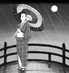  1girl full_body full_moon greyscale japanese_clothes kanai_(nai_nai) kimono monochrome moon oil-paper_umbrella original outdoors rain sandals short_hair standing umbrella 