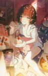  1girl barefoot blue_eyes blush brown_hair cake cake_slice can collarbone controller food fork hand_up highres holding holding_food holding_fork indoors looking_at_viewer original panties plate remote_control shirt short_hair short_shorts short_sleeves shorts sitting smile solo sunlight t-shirt table tokkyu underwear white_shirt 