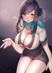  1girl amane_ruri aqua_neckerchief black_hair black_skirt blush breasts brown_eyes cleavage closed_mouth commentary_request highres large_breasts lips looking_at_viewer neckerchief original shirt short_hair short_sleeves sidelocks sitting skirt smile solo steam thighs white_shirt 