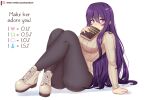  1girl ass black_leggings book breasts commentary cross-laced_footwear crossed_ankles doki_doki_literature_club english_commentary english_text full_body hair_between_eyes hair_ornament hairclip highres holding holding_book large_breasts leaning_back leggings like_and_retweet long_hair long_sleeves patreon_username purple_eyes purple_hair raion_(raionart) ribbed_sweater simple_background sitting solo sweater very_long_hair white_background yuri_(doki_doki_literature_club) 