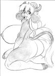 2023 absurd_res anthro bangs big_breasts big_penis black_and_white bovid bovine breasts butt cattle chochi genitals graphite_(artwork) greyscale gynomorph hair hand_on_head hi_res hooves huge_breasts intersex kneeling looking_back mammal monochrome nipples open_mouth pencil_(artwork) penis ponytail side_boob sketch smile solo traditional_media_(artwork)