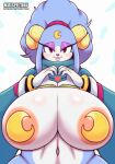 2023 anthro areola ariem_(sonic) artist_name big_breasts blue_hair blush bovid breasts caprine clothed clothing female hair hi_res huge_breasts mammal matospectoru navel pasties pupils sega smile solo sonic_dream_team sonic_the_hedgehog_(series) white_body