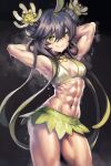  1girl abs arms_behind_head bikini black_background black_hair breasts duel_monster gradient_hair green_eyes green_hair looking_at_viewer multicolored_hair muscular muscular_female small_breasts standing sweat swimsuit toned traptrix_vesiculo yilx yu-gi-oh! 
