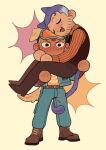  2boys :3 animal_ears arms_around_neck beard_stubble black_necktie blonde_hair blue_hair blue_jacket blush carrying carrying_person cat_boy cat_ears cat_tail chibi closed_eyes collared_shirt couple dark-skinned_male dark_skin dog_boy dog_ears dog_tail facial_hair full_body goggles goggles_on_head hair_slicked_back head_rest highres iceburg jacket jakkenpoy kemonomimi_mode lipstick_mark lipstick_mark_on_face male_focus mature_male medium_hair multiple_boys mustache_stubble necktie one_piece open_clothes open_jacket orange-tinted_eyewear orange_shirt paulie purple_lips shirt short_hair simple_background striped_clothes striped_shirt stubble tail tail_wrap tinted_eyewear undercut waistcoat yaoi yellow_background 