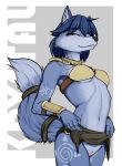 absurd_res anthro blue_body blue_eyes blue_fur blue_hair bra canid canine clothed clothing featureless_crotch female fluffy fluffy_tail fox fur fur_markings hair hi_res jewelry krystal loincloth_up looking_at_viewer mammal markings midriff narrowed_eyes necklace nintendo raised_tail skimpy smile solo star_fox tail theunnoticedone underwear