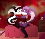2019 anthro bed bedding blanket bow_ribbon clothed clothing colored curtains detailed_background duo embrace eyelashes eyes_closed female fifi_la_fume fluffy fluffy_tail footwear frilly frilly_clothing frilly_panties frilly_underwear fur furniture hair hi_res hug joaoppereiraus looney_tunes making_out male male/female mammal mephitid no_underwear panties pantsless pattern_clothing pattern_shirt pattern_topwear pepe_le_pew shirt skunk smelly socks striped_clothing striped_shirt striped_topwear stripes tail tiny_toon_adventures topless topwear underwear warner_brothers